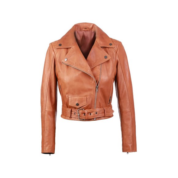 GINA WOMENS TAN QUILTED SHORT BIKER LEATHER JACKET